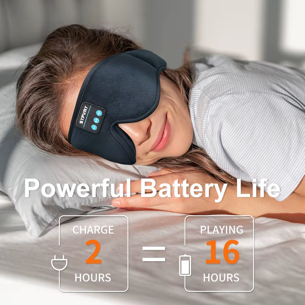 DreamTune 3D Bluetooth Sleep Mask on a woman demonstrating powerful battery life features.