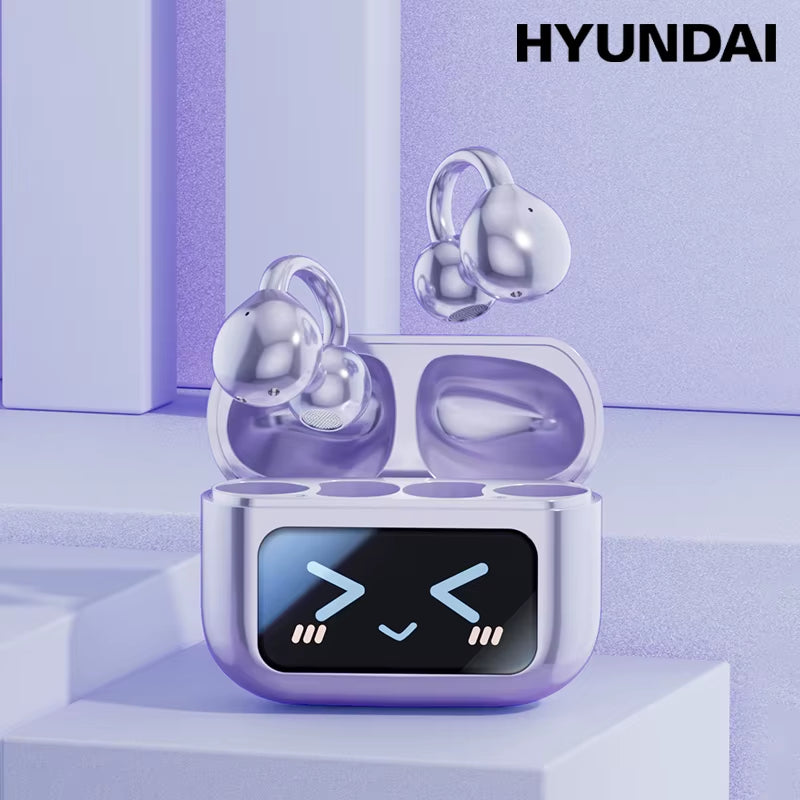 EchoGrip M100 ENC Ear Clip Earphones in a stylish charging case with playful design.