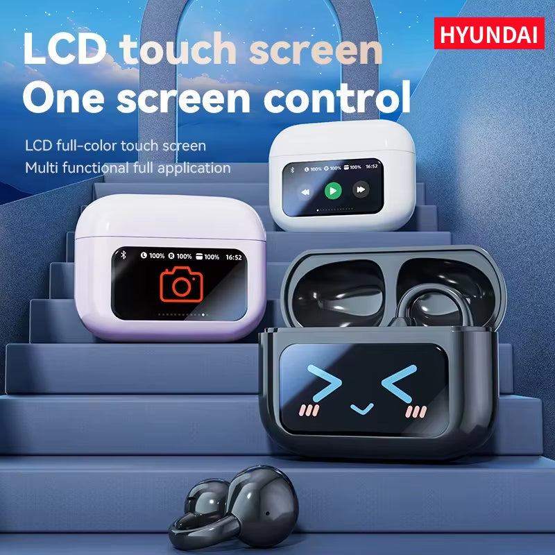 LCD touch screen case for wireless earphones showcasing full-color display and multi-functional control features.