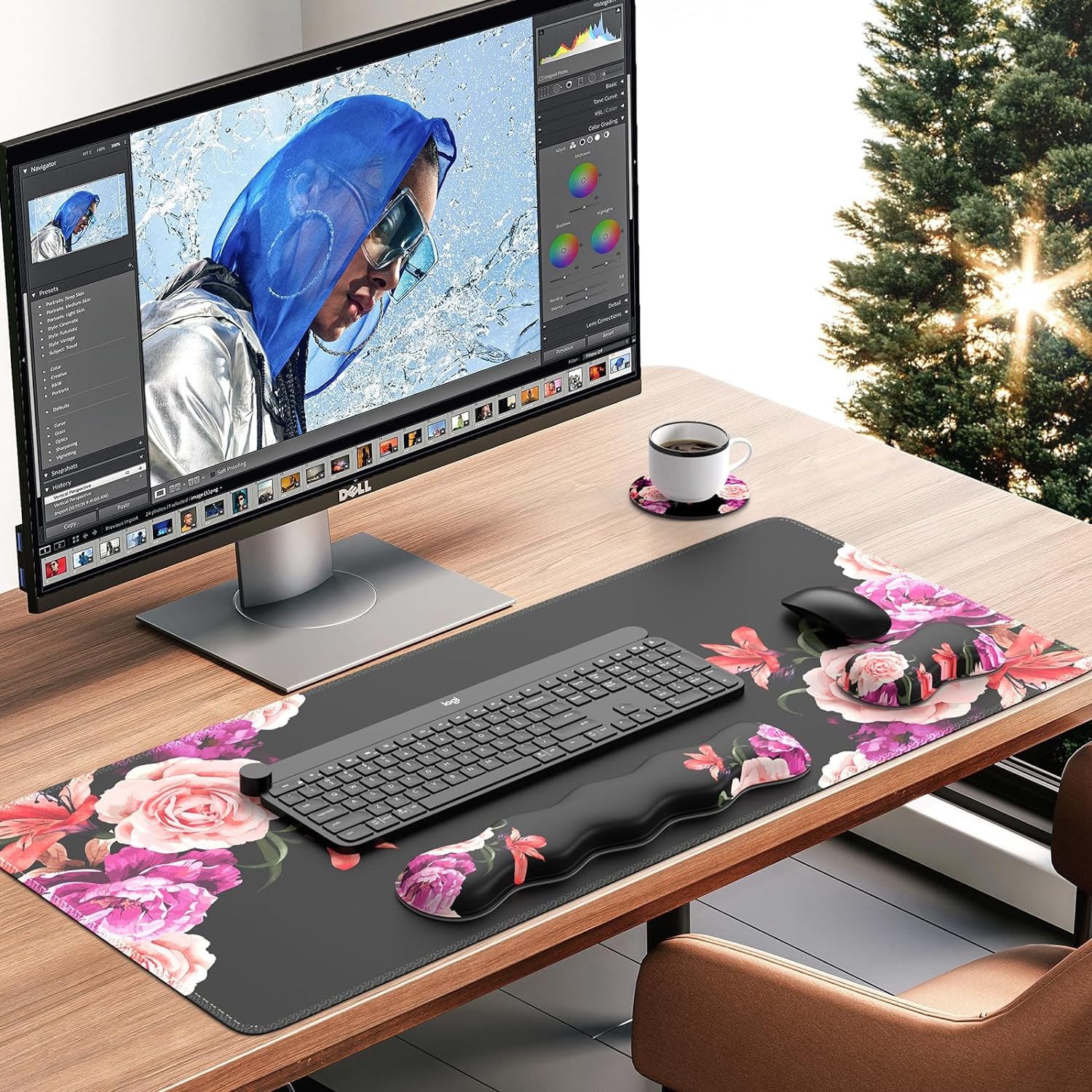 Mouse Pad Set, Desk Mat + Mouse Pad with Wrist Rest + Keyboard Wrist Rest + Coaster, Mouse and Keyboard Pad Set with Stitched Edge &amp; Non-Slip Base, Desk Pad Mat for Work Gaming, Peony Flower
