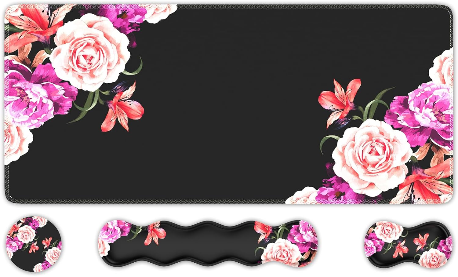 Mouse Pad Set, Desk Mat + Mouse Pad with Wrist Rest + Keyboard Wrist Rest + Coaster, Mouse and Keyboard Pad Set with Stitched Edge &amp; Non-Slip Base, Desk Pad Mat for Work Gaming, Peony Flower