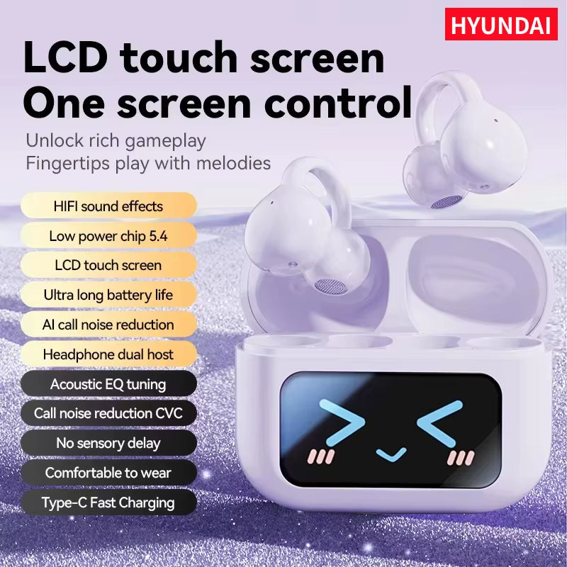 Hyundai wireless earphones showcasing LCD touch screen and various features with charging case.