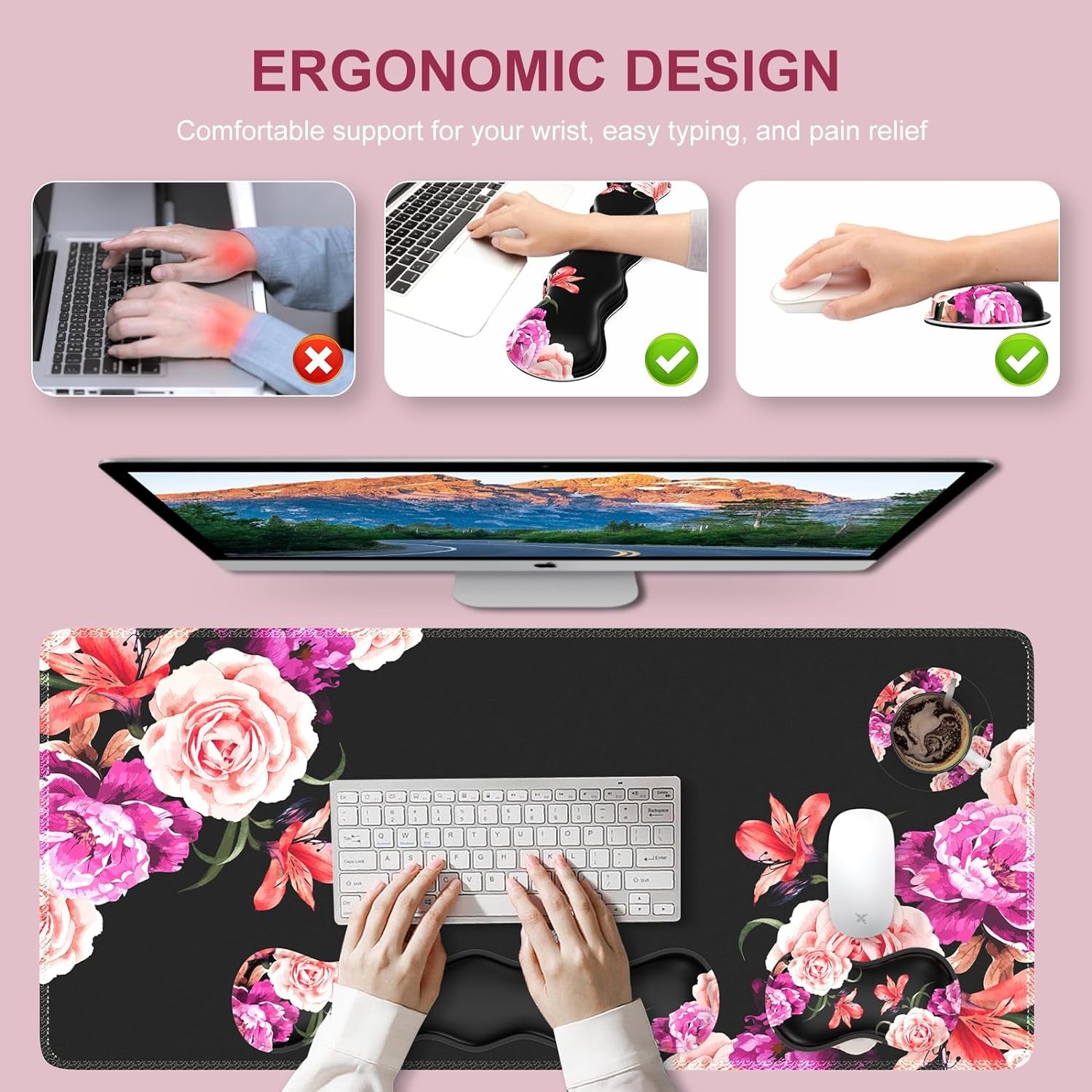 Mouse Pad Set, Desk Mat + Mouse Pad with Wrist Rest + Keyboard Wrist Rest + Coaster, Mouse and Keyboard Pad Set with Stitched Edge &amp; Non-Slip Base, Desk Pad Mat for Work Gaming, Peony Flower