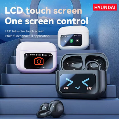 LCD touch screen case for wireless earphones showcasing full-color display and multi-functional control features.