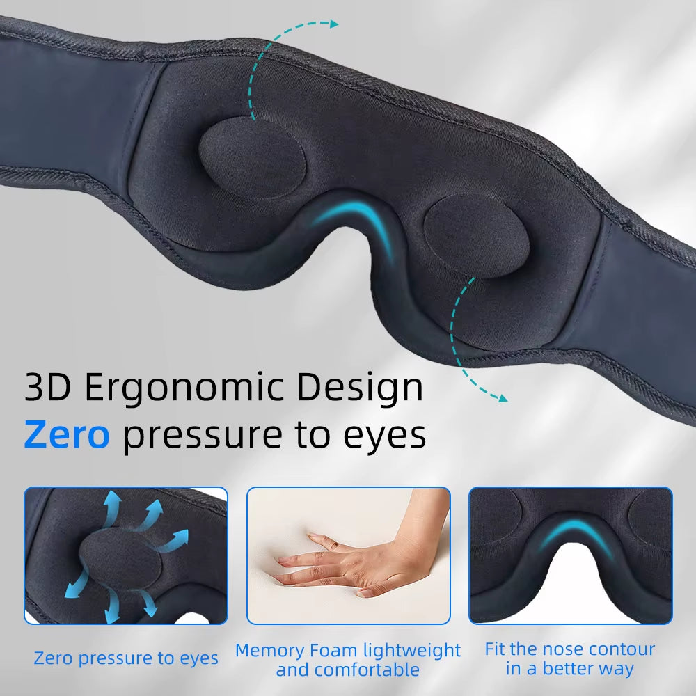 3D Ergonomic Design of DreamTune 3D Bluetooth Sleep Mask showing zero pressure to eyes with memory foam comfort