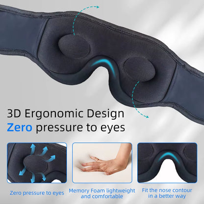 3D Ergonomic Design of DreamTune 3D Bluetooth Sleep Mask showing zero pressure to eyes with memory foam comfort