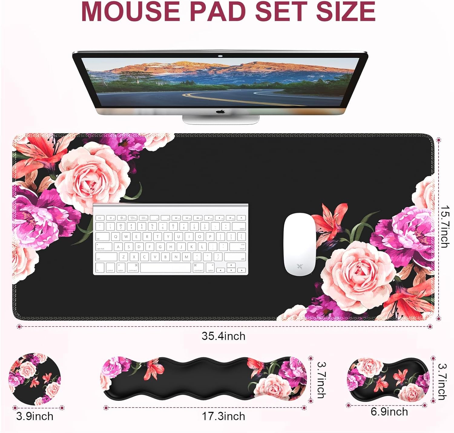 Mouse Pad Set, Desk Mat + Mouse Pad with Wrist Rest + Keyboard Wrist Rest + Coaster, Mouse and Keyboard Pad Set with Stitched Edge &amp; Non-Slip Base, Desk Pad Mat for Work Gaming, Peony Flower