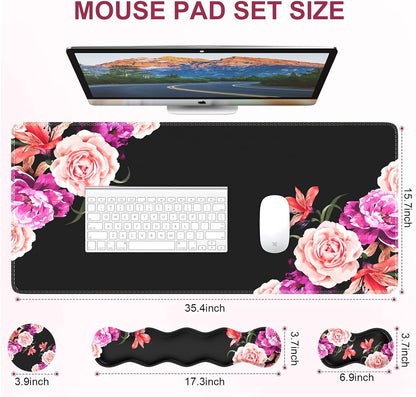 Mouse Pad Set, Desk Mat + Mouse Pad with Wrist Rest + Keyboard Wrist Rest + Coaster, Mouse and Keyboard Pad Set with Stitched Edge &amp; Non-Slip Base, Desk Pad Mat for Work Gaming, Peony Flower