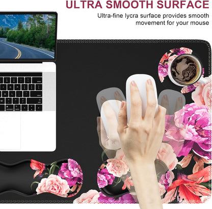Mouse Pad Set, Desk Mat + Mouse Pad with Wrist Rest + Keyboard Wrist Rest + Coaster, Mouse and Keyboard Pad Set with Stitched Edge &amp; Non-Slip Base, Desk Pad Mat for Work Gaming, Peony Flower