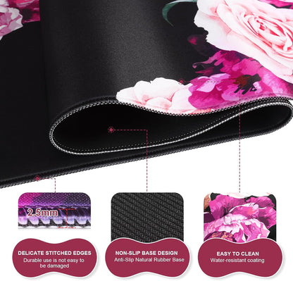 Mouse Pad Set, Desk Mat + Mouse Pad with Wrist Rest + Keyboard Wrist Rest + Coaster, Mouse and Keyboard Pad Set with Stitched Edge &amp; Non-Slip Base, Desk Pad Mat for Work Gaming, Peony Flower