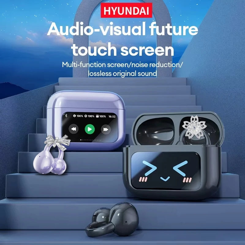 Hyundai audio-visual future touch screen earbuds with multi-function screen and noise reduction features.