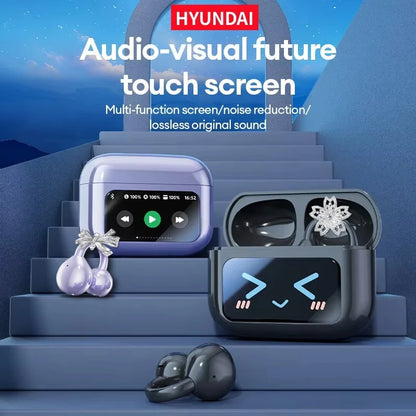 Hyundai audio-visual future touch screen earbuds with multi-function screen and noise reduction features.