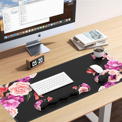 Mouse Pad Set, Desk Mat + Mouse Pad with Wrist Rest + Keyboard Wrist Rest + Coaster, Mouse and Keyboard Pad Set with Stitched Edge &amp; Non-Slip Base, Desk Pad Mat for Work Gaming, Peony Flower